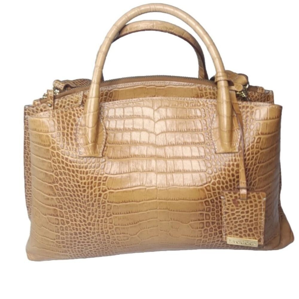 Lacucci Italian Leather Satchel Large Handbag Bag Crocodile Embossed Brown Tan - Picture 3 of 16